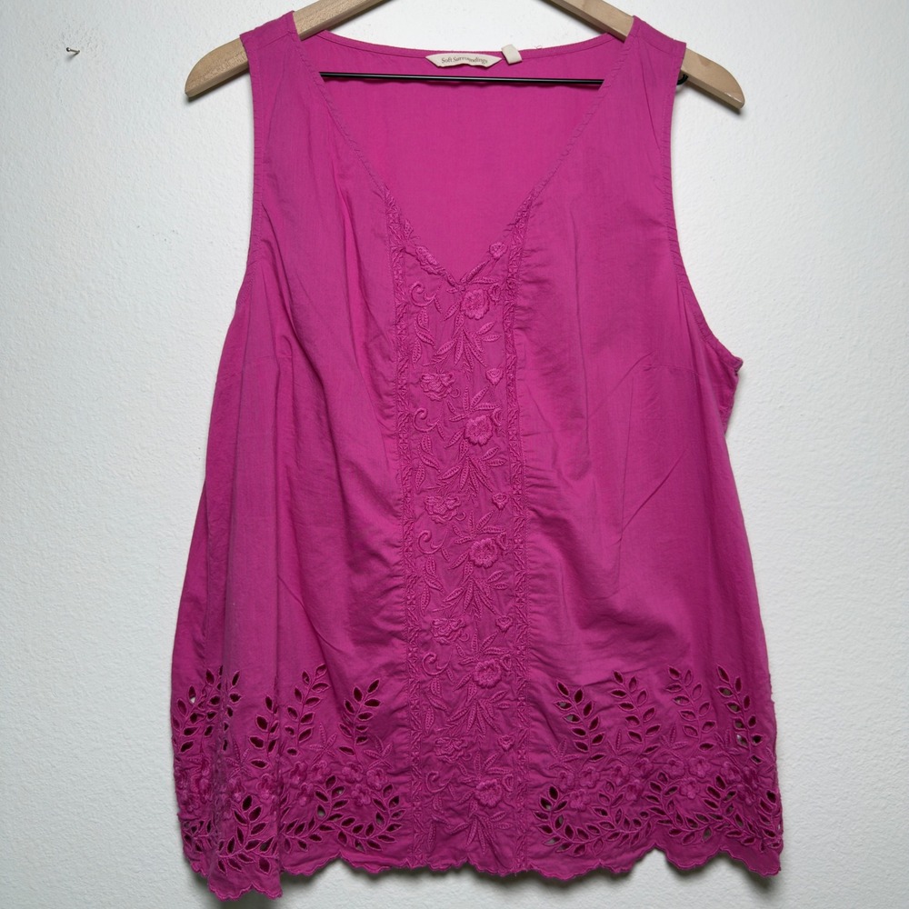 Soft Surroundings Women Tank Top XL Pink Cotton Eyelet Embroidered V-Neck Boho